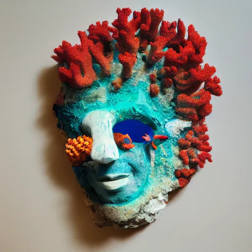 Prompt: a coral reef painted on a plaster mask, photography, highly detailed, high saturation, minimalistic, 4k