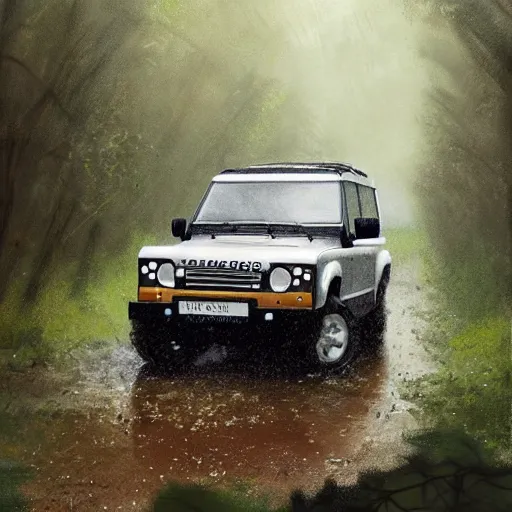 Prompt: a landrover crossing a forest path while its raining, digital art, artstation, photgraphy, highly detailed, digital painting, artstation, concept art, sharp focus, illustration, art by greg rutkowski and artgerm