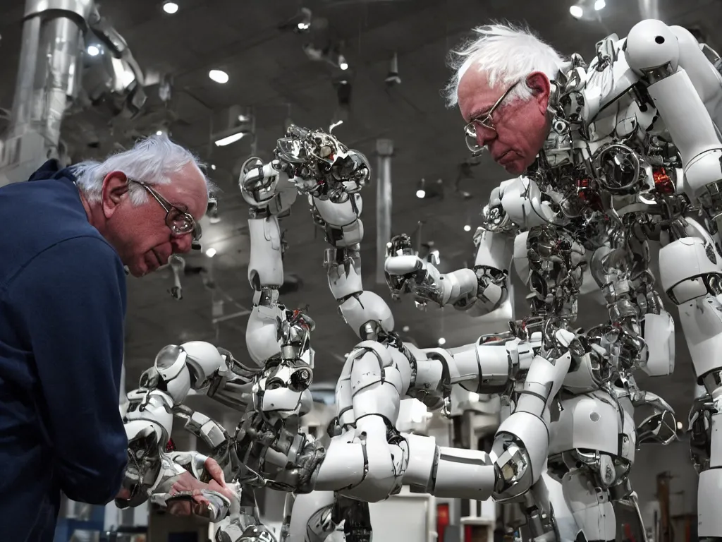 Image similar to bernie sanders putting the finishing touches on a ( ( cute ) ) clockwork doomsday robot, cinematic moody lighting, sharp focus, imax