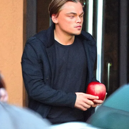 Prompt: Leonardo Di Caprio eating apple bees