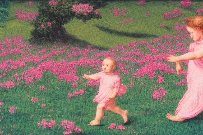 Image similar to a staffordshire terrier in a pink baby dress running through a field of flowers, in the style of maxfield parrish