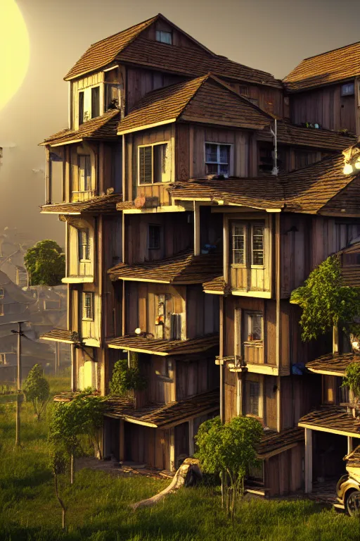 Prompt: stacked houses, solarpunk, jean - baptiste monge, octane render, 4 k