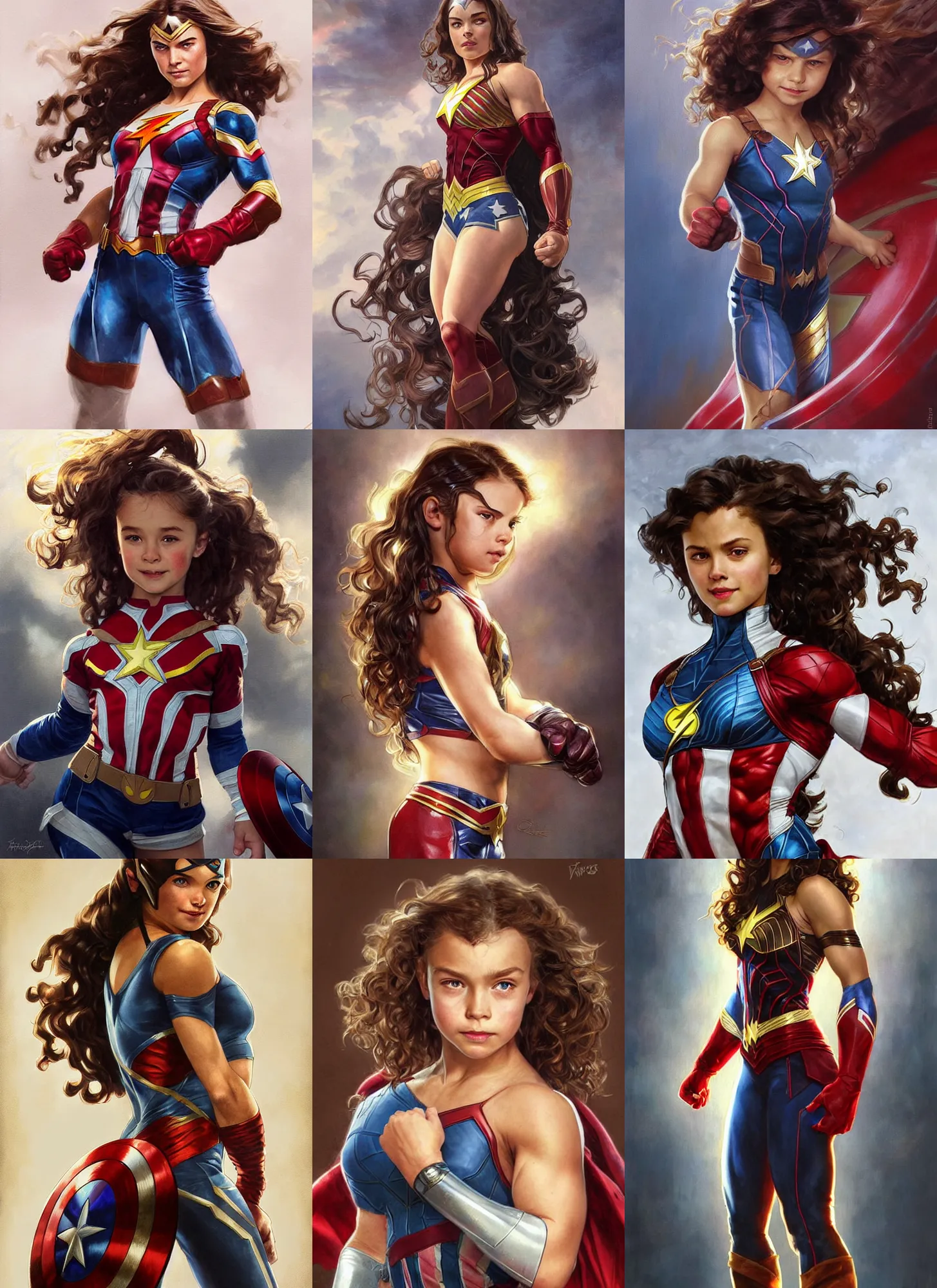 Image similar to a little muscled girl with a mischievous face and light brown curly wavy hair. she is dressed as captain america, batman, the flash, captain marvel, wonder woman, a superhero. clean elegant painting, beautiful detailed face. by artgerm and greg rutkowski and alphonse mucha