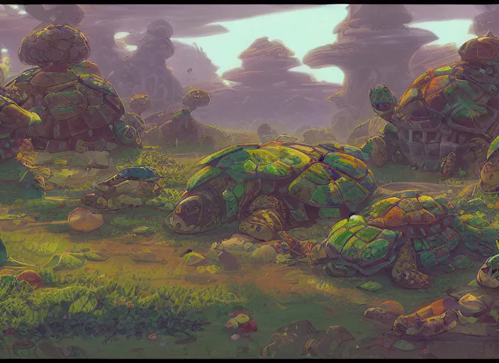 Prompt: concept art of a turtle landscape made of turtles, cel shaded, in the style of makoto shinkai and moebius and peter mohrbacher and anton fadeev