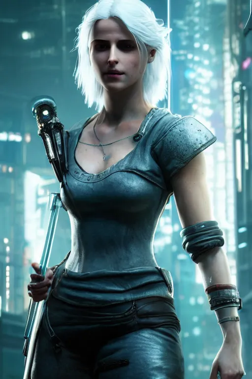 Prompt: A film still of Ciri as a cyberpunk 2077 loading screen, highly detailed, digital painting, artstation, concept art, sharp focus, illustration, cinematic lighting, art by artgerm and greg rutkowski and alphonse mucha diffuse lighting, fantasy, intricate, elegant, highly detailed, lifelike, photorealistic, digital painting, artstation, illustration, concept art, smooth, sharp focus, art by John Collier and Albert Aublet and Krenz Cushart and Artem Demura and Alphonse Mucha