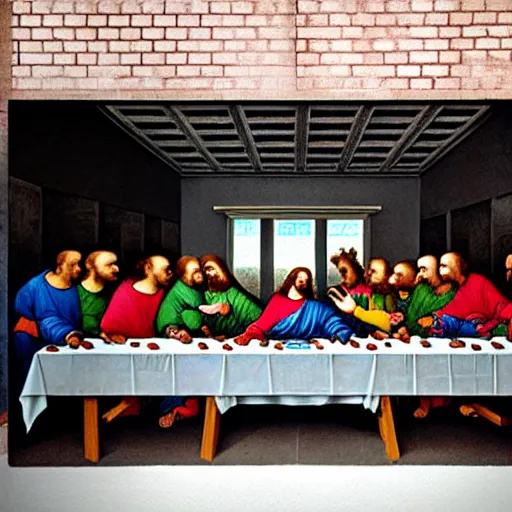 Image similar to on the wall of a gray building, a colorful spray-painted graffiti of The Last Supper by Da Vinci