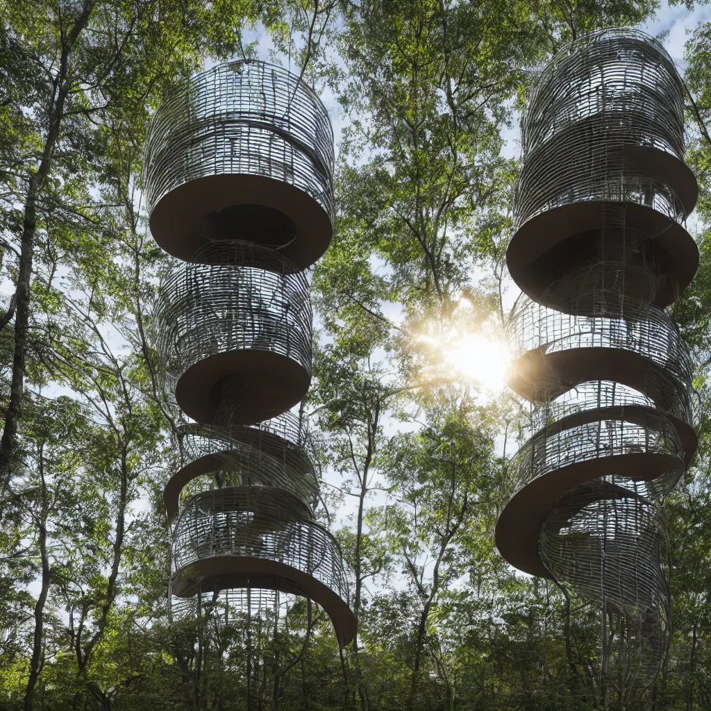 Image similar to Hyper realistic, helix shaped observation tower made by corten in forest, Future design, wide angle shot, architecture design, parametric architecture, covers by textile, environment, morning light, Cinematography, mega scans, cinematic, hyper realistic, photo real, cinematic composition, highly detailed, vray, 8k render