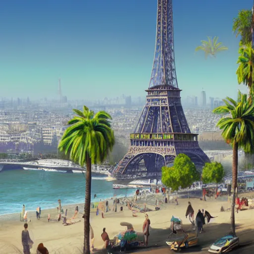 Image similar to landscape of the beautiful city of paris built in california, amazing sunny weather, eiffel tower next to the beach, palm trees, splendid haussmann architecture, digital painting, highly detailed, intricate, without duplication, art by craig mullins, greg rutkwowski, concept art, matte painting, trending on artstation, octane render, 8 k