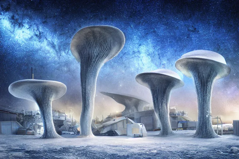 Image similar to favela twisting spaceship fungus, snowy arctic environment, industrial factory, bright, milky way, award winning art, epic dreamlike fantasy landscape, ultra realistic,