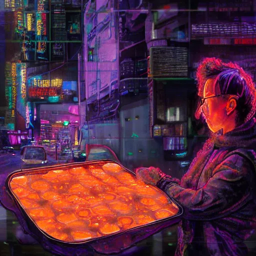 Image similar to portrait of taking a bite out of an edible rgb light with a gooey filling being sold at a road side stand, cyberpunk, high quality, digital art, ue 5,