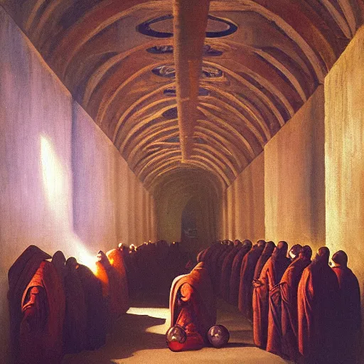 Prompt: underground tunnels inhabited by hooded monks, mechanical computers, lights and switches, portal to the dreamworld, baroque oil painting