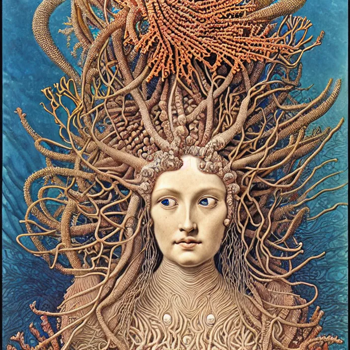 Image similar to realistic detailed face portrait of the goddess of the deep waters with an intricate headdress of corals, sea kelp, sea plants, fish, jellyfish, art by ernst haeckel, archimboldo, face in focus, neo - gothic, gothic,