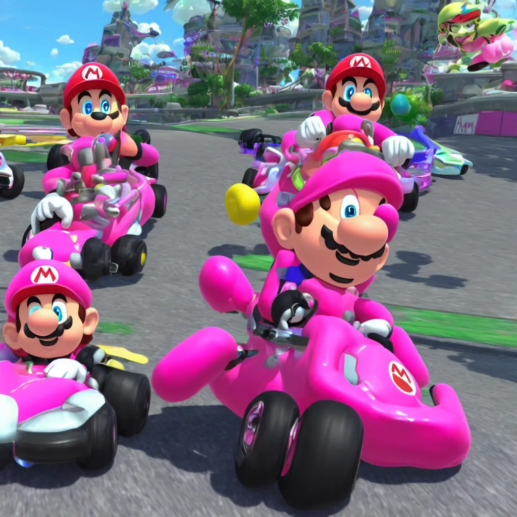 Image similar to race as pink fong in mario kart 8 deluxe