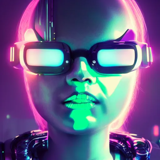 Image similar to cyberpunk concept cool girl cyborg bot, cinema 4 d, galaxy, ufo, space sci - fi, wearing vr goggles, illustration, portrait, pastel neon textured background night, trending on artstation, greg rutkowski, octane rendered, 1 2 k, detailed,