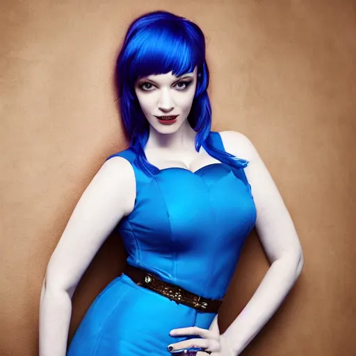 Prompt: An HD fashion editorial photo of Christina Hendricks with vivid blue hair. Portraiture photography.