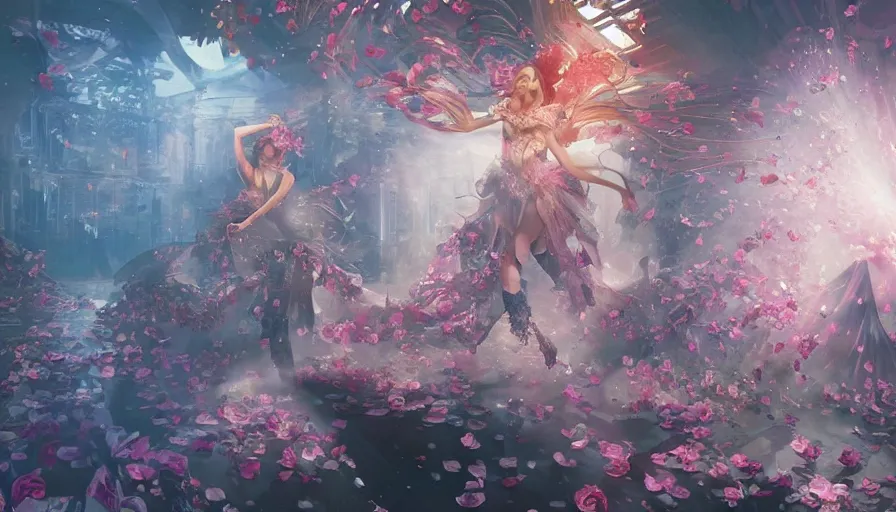 Image similar to victoria secret runway show, light, shadows, reflections, flowers, epic composition, intricate, elegant, volumetric lighting, digital painting, highly detailed, artstation, sharp focus, illustration, concept art, ruan jia, steve mccurry, artgerm and mina petrovic and timothy kong and marina federovna