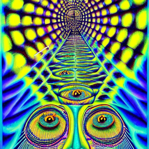 Image similar to highly detailed optical illusion of a dmt breakthrough filled with magical energy by mad dog jones and alex grey