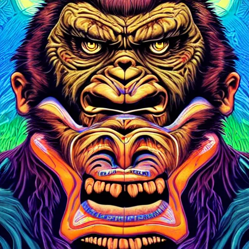 Image similar to barong family member faced jim carrey, jim carrey!, wiwek, mara demon, one single tribe member, jungle, one single mask, dark, ancient warrior, grumpy gorilla, violence blood, tribal, inner glow, art by dan mumford and justin gerard