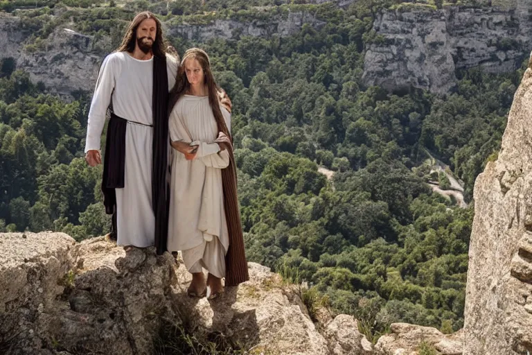 Prompt: an extreme close - up photo of jesus and mary magdalene standing on a cliff looking over a beautiful landscape in france, rennes - le - chateau, award winning photo, very detailed, very realistic cinematic