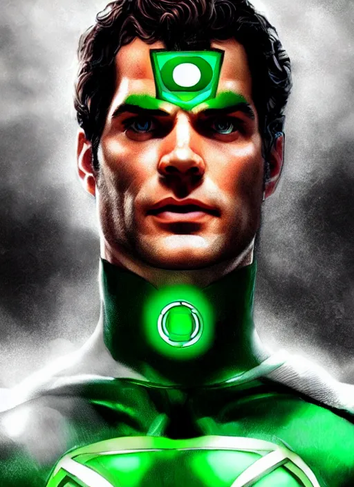 Image similar to An epic fantasy comic book style portrait painting of Henry Cavill as Green Lantern, Unreal 5, DAZ, hyperrealistic, octane render, cosplay, RPG portrait, dynamic lighting