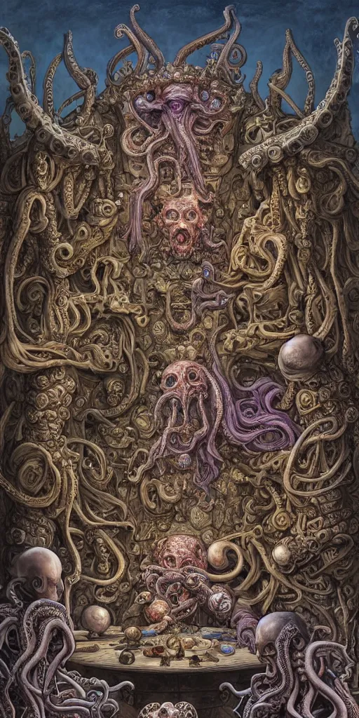 Image similar to mages with human bodies and magical armour with octopus heads sitting near the table in an ancient mage castle with enormous scale, gothic and baroque, brutalist architecture, ultradetailed, Intricate by Josan Gonzalez and John Howe and Giuseppe Arcimboldo