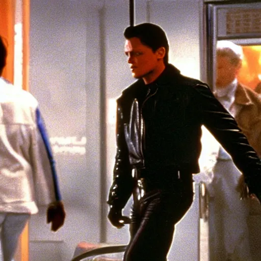 Image similar to film still of leonardo di caprio as t - 1 0 0 0 walking through bars in hospital scene in terminator 2