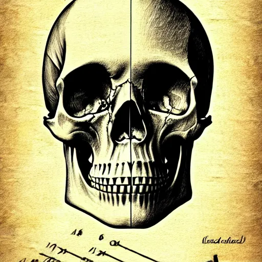 Image similar to medical drawing of a human android skull, davinci drawing, detailed, anatomical, schematic, blueprint