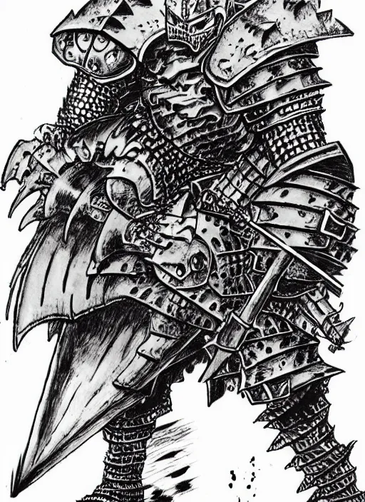 Prompt: wrewolf armored knight by kentaro miura