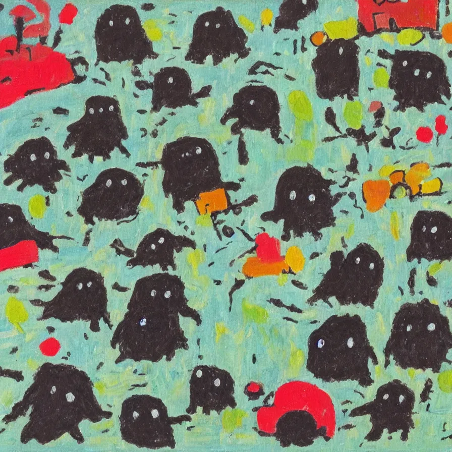 Image similar to soot sprite in the style of Maud Lewis, oil on canvas