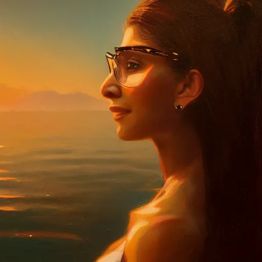 Image similar to a closeup portrait of a mia khalifa, dramatic light, lake background, sunset, dark, painted by stanley lau, painted by greg rutkowski, painted by stanley artgerm, digital art, trending on artstation