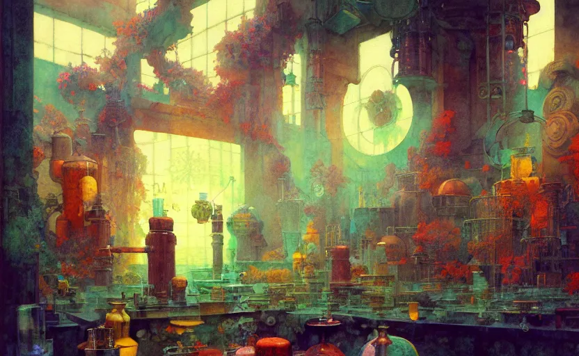 Image similar to alchemy laboratory, fantasy. intricate, amazing composition, colorful watercolor, by ruan jia, by maxfield parrish, by marc simonetti, by hikari shimoda, by robert hubert, by zhang kechun, illustration, gloomy