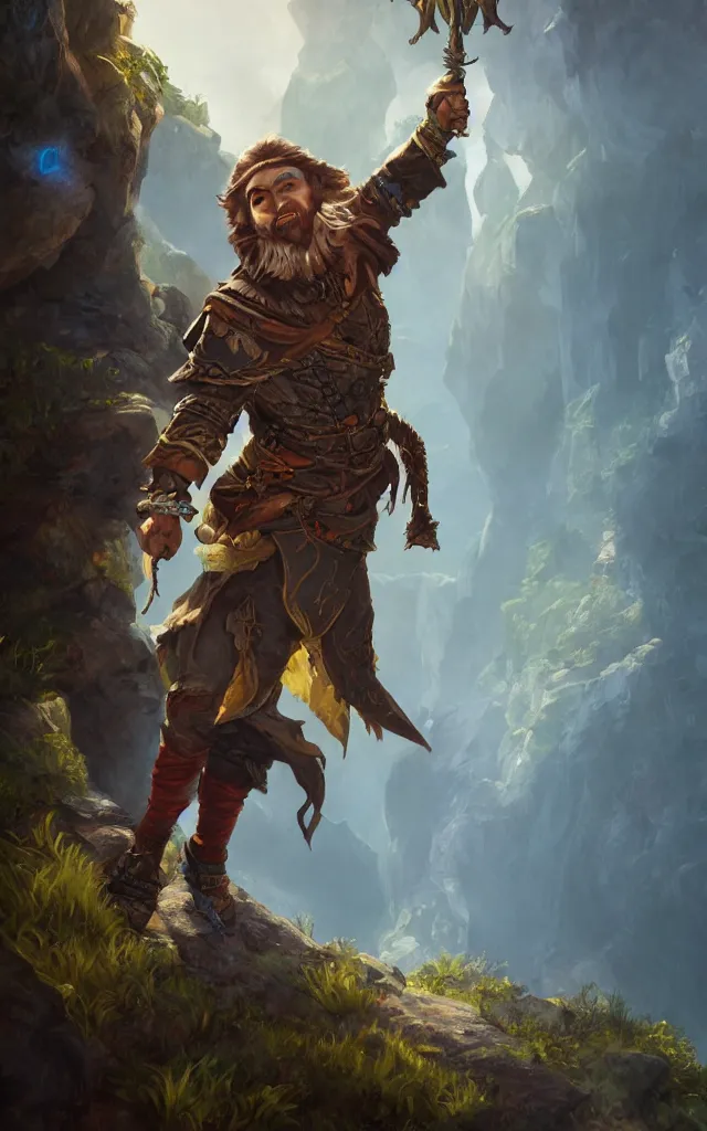 Prompt: an oil art painting of young handsome fool adventurer, grim gwent card, gipsy mage adventurer character design from inquisition, climbing up a cliffside, 4 k, ultra detail, volumetric lighting, unreal engine, octane render