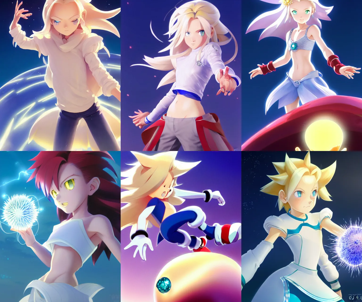 Prompt: young female urchin stealing sonic's chaos emeralds, long blonde hair and blue eyes, white puffy outfit, detailed perfect face, exquisite details, holding magic chromatic diamonds, mid view, design on a dark crimson background, by studio muti, greg rutkowski makoto shinkai takashi takeuchi studio ghibli