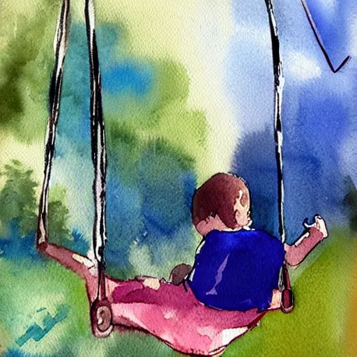 Prompt: watercolor. a swing set with a child enjoying themselves. blurry. visible brushstrokes.