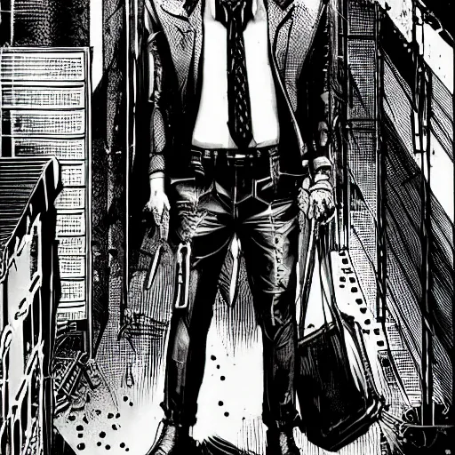 Image similar to a cyberpunk mafia boss with slicked back hair, in a cyberpunk city alleyway, extremely detailed comic book art, cyberpunk, art by stan lee, pen drawing, colorful, bright high tech lights, epic, moody, dramatic, deep shadows, marvel comics, dc comics, trending on artstation