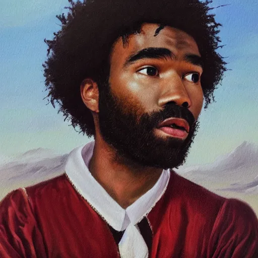 Image similar to Renaissance oil portrait of Childish Gambino / Donald Glover as a scholar, high-quality realistic oil painting with detailed strokes, Childish Gambino / Donald Glover as a robed Renaissance scholar