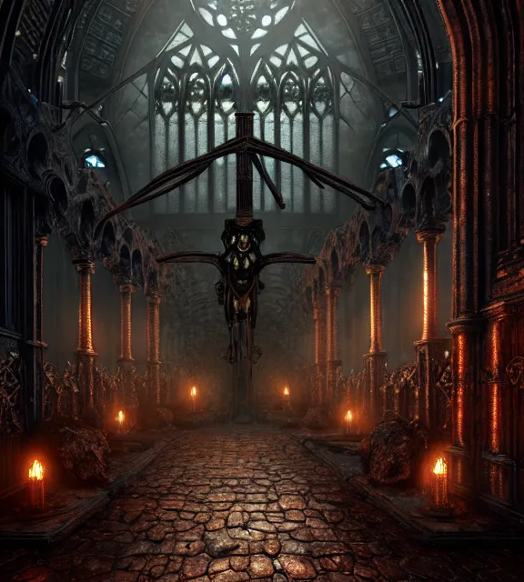 Image similar to steam necropolis, memento mori, gothic, neo - gothic, art nouveau, hyperdetailed copper patina medieval icon, stefan morrell, philippe druillet, ralph mcquarrie, concept art, steampunk, unreal engine, detailed intricate environment, octane render, moody atmospherics, volumetric lighting, ultrasharp, ominous, otherworldly