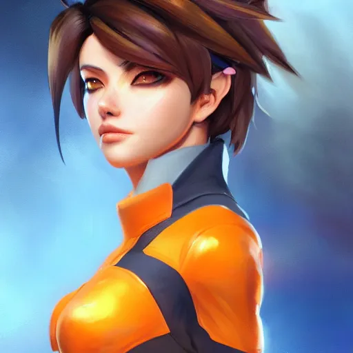 Prompt: A beautiful portrait of Tracer from Overwatch pondering her orb, long shot, realistic, highly detailed, by Stanley Artgerm Lau, WLOP, and Rossdraws, digtial painting, orange and blue color scheme, trending on ArtStation