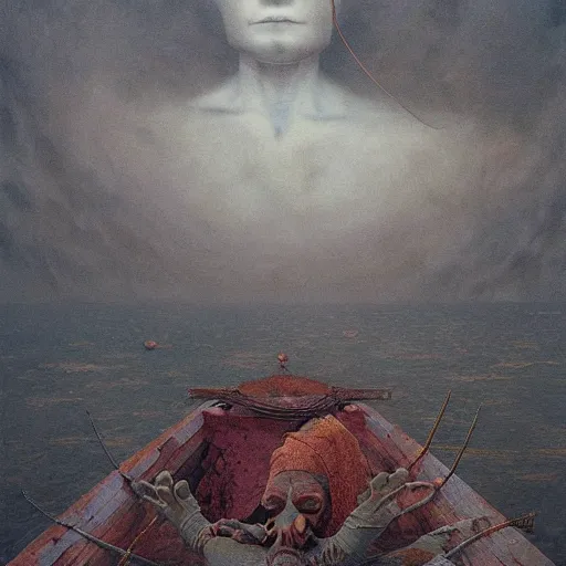 Image similar to A portrait of In the same boat by Zdzisław Beksiński and Ilya Repin,In style of Abstract art.illustration,hyper detailed,smooth, sharp focus,trending on artstation,oil on the canvas,4k