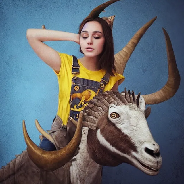 Prompt: “beautiful young woman with brown hair, goat ears and goat horns, a yellow t-shirt and blue overalls riding a dinosaur , digital art, beautiful composition, trending on artstation and deviantart, masterpiece”