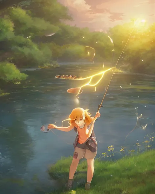 Image similar to a female pokemon trainer fishing for magikarp, full shot, atmospheric lighting, detailed face, by makoto shinkai, stanley artger m lau, wlop, rossdraws, james jean, andrei riabovitchev, marc simonetti, krenz c