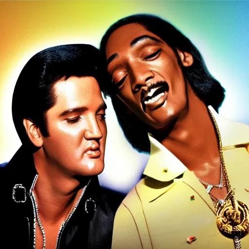 Prompt: elvis presley and snoop dog singing a duet one microphone, in las vegas, detailed, beautiful, dolby digital color, f 1. 8, promotional poster, photorealistic