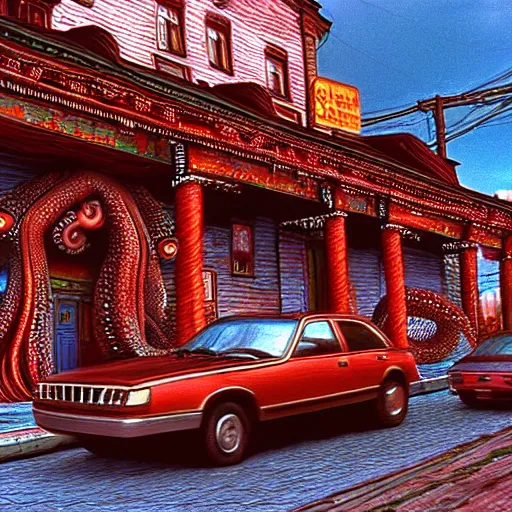 Image similar to hyperrealism photography supercomputer simulation of detailed octopus in the detailed ukrainian village in dramatic scene from movie the big lebowski ( 1 9 9 8 ) by taras shevchenko