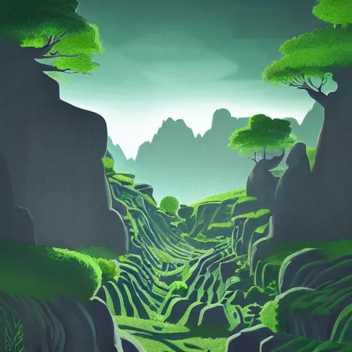 Prompt: karst landform, fresh light shades, greenery, animated film, stylised, illustration,, fantasy art, 2 d game art, by eyvind earle, scott wills, genndy tartakovski, roman shipunov, etienne hebinger, atey ghailan, cgsociety, cynical realism