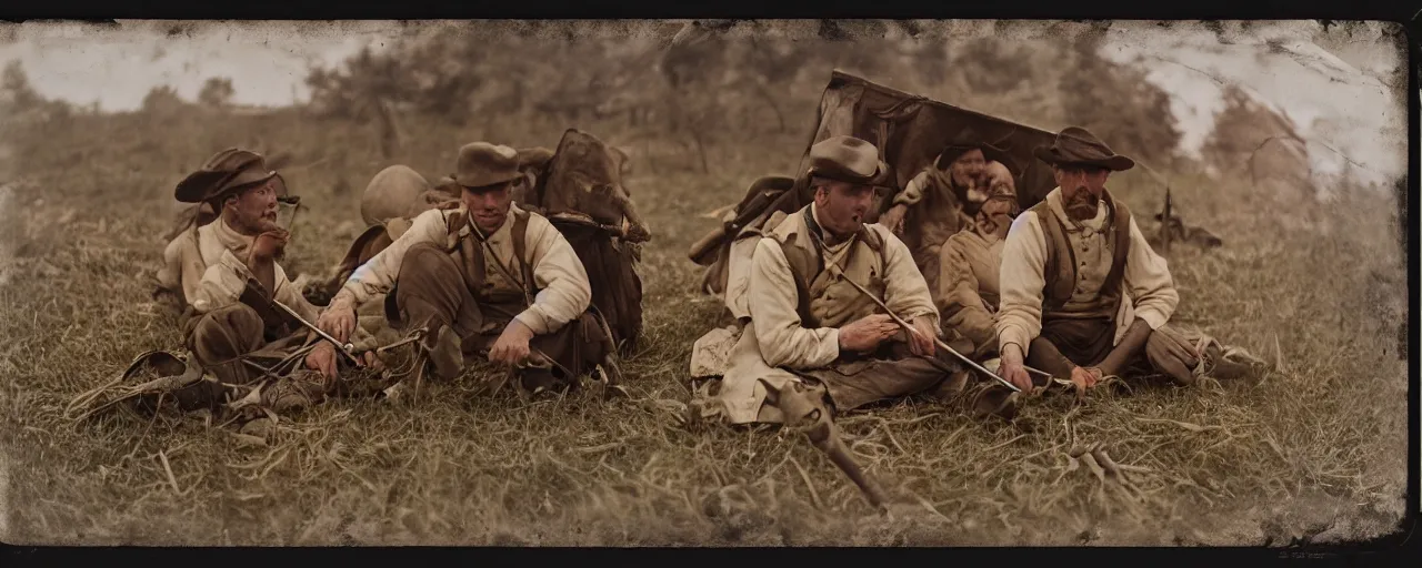 Image similar to eating spaghetti on the battlefield, american civil war, tintype sigma 5 0 mm, cinematic lighting, photography, wes anderson, kodachrome