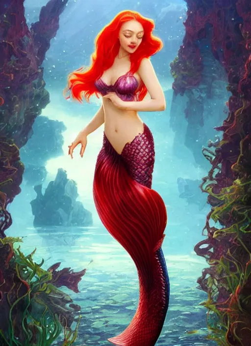 Prompt: amanda seyfried with vibrant red hair as the mermaid ariel, underwater, western, d & d, fantasy, intricate, elegant, highly detailed, digital painting, artstation, concept art, matte, sharp focus, illustration, art by artgerm and greg rutkowski and alphonse mucha, masterpiece, stunning, artstation