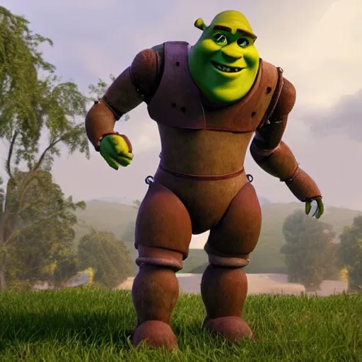 Image similar to shrek as humanoid robot made of steel, unreal engine 5, ray tracing, extremely detailed, 8 k