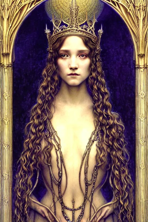 Image similar to detailed realistic beautiful young medieval queen face portrait by jean delville, gustave dore and marco mazzoni, art nouveau, symbolist, visionary, gothic, pre - raphaelite. horizontal symmetry