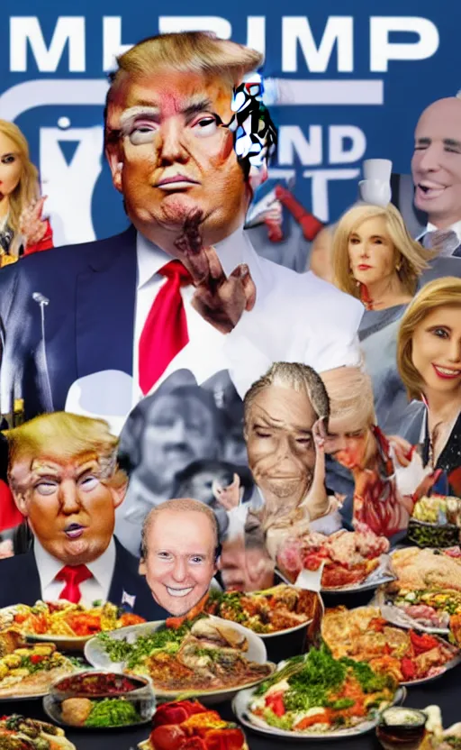 Prompt: donald trump as the main dish on the buffet for 1 0 0 people, photo, realistic, photorealistic, detailed, high quality, high resolution, 8 k, hdr, 8 k resolution, 8 k quality