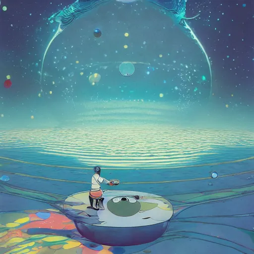 Image similar to a man walking on water under the stars by takashi murakami, beeple and james jean, aya takano color style, 4 k, super detailed